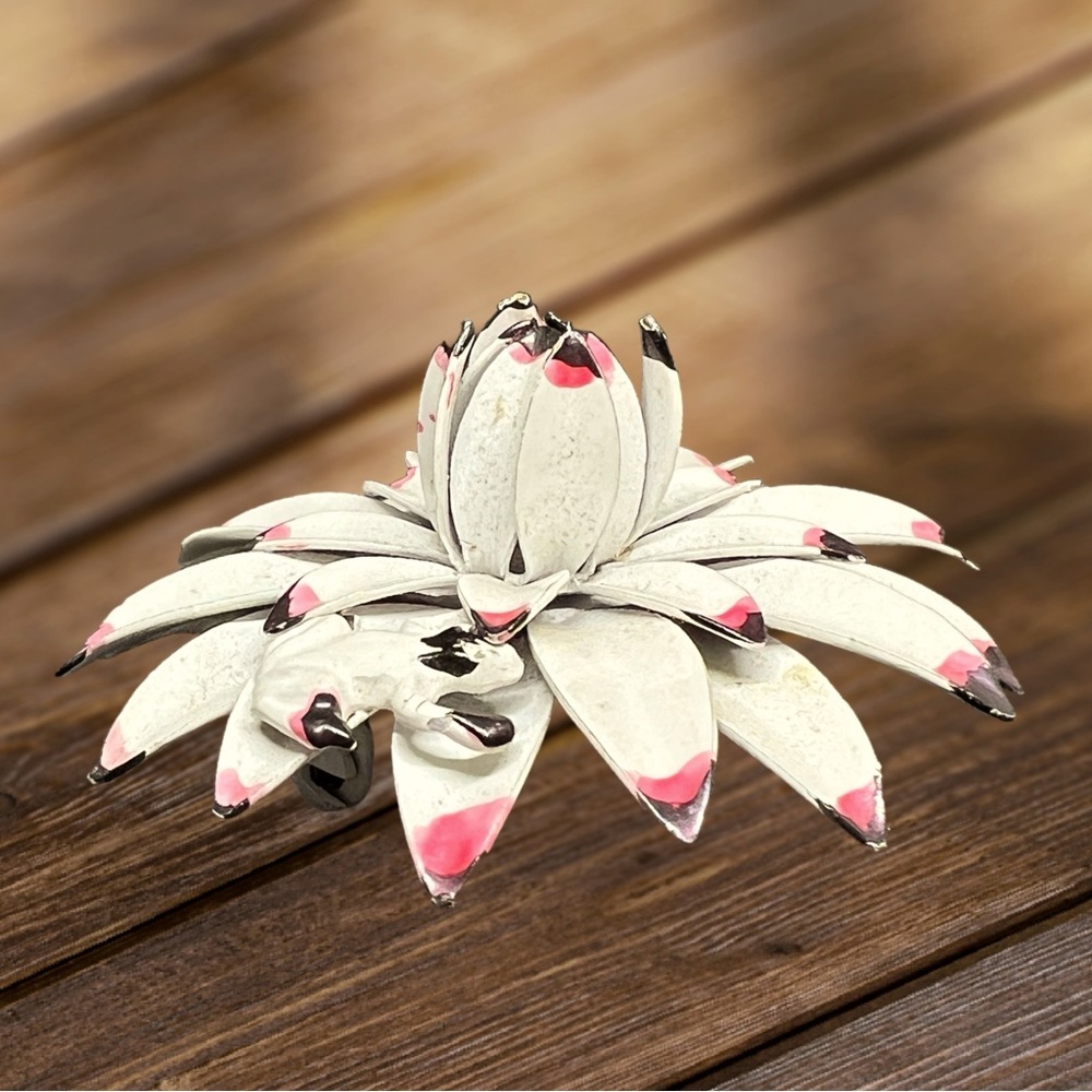Vintage 1950s Large Enameled 3D Pink & White Flower Pin Brooch With Hidden Frog